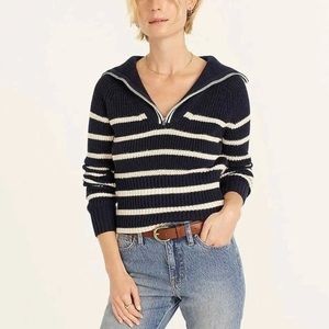 J.Crew Chunky Knit Cashmere Cotton Sweater Navy Breton Striped Zip Neck S